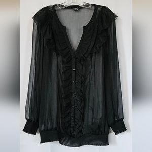 Kensie sheer black long sleeve ruffle blouse size large